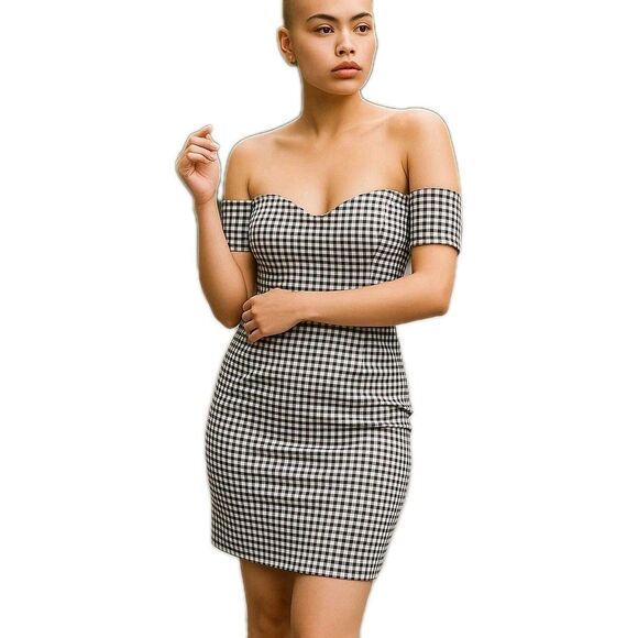 GUESS Gingham Black White Off the Shoulder Dress Womens/Juniors 4 See Measures - Picture 1 of 16